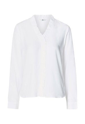 Witte blouse met lange mouwen en een franje V-hals, gemaakt van lichtgewicht stof, met een zachte textuur en een relaxte pasvorm.