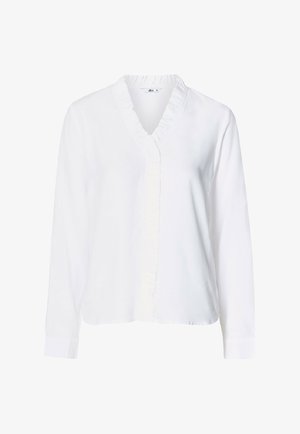 Witte blouse met lange mouwen en een franje V-hals, gemaakt van lichtgewicht stof, met een zachte textuur en een relaxte pasvorm.