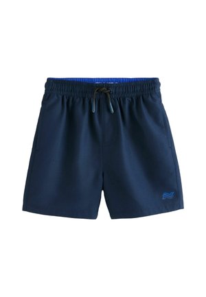 Shorts de bain bleu marine en tissu doux et extensible. Dotés d'une taille élastique avec cordon de serrage ajustable et de poches latérales.