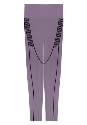 Leggings viola a vita alta con linee di contorno nere e pannelli a strisce diagonali sulle cosce superiori, adagiate in piano.