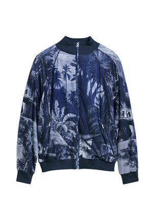 Navy bomber jacket with a textured fabric featuring a palm and landscape print in lighter shades. Includes a zip front and ribbed collar.