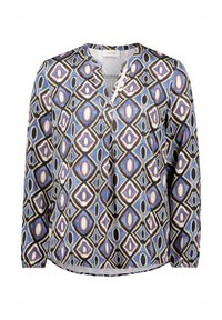 Langärmlige Bluse mit einem blauen, schwarzen und cremefarbenen geometrischen Muster. Sie hat einen V-Ausschnitt und besteht aus einem weichen, leichten Stoff mit entspannter Passform.