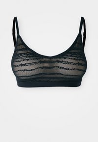 Svart blonde bralette med en teksturert, bølgete mønster, tynne justerbare stropper og en sømløs underbånd for støtte.