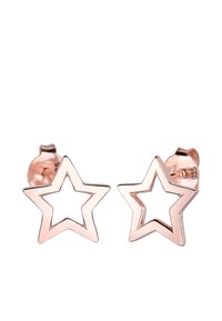 Boucles d'oreilles en or rose en forme d'étoile avec un centre creux, présentant une surface métallique lisse et un tampon en argent 925 à l'arrière.