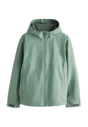 Jachet�ă impermeabilă de culoare verde deschis cu glugă, fermoar frontal și buzunare laterale. Are o textură netedă și mansete ajustabile.