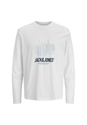 White long-sleeve shirt with a city skyline graphic above "JACK & JONES" and "NINETEEN NINETY WORLDWIDE" text on the front.
