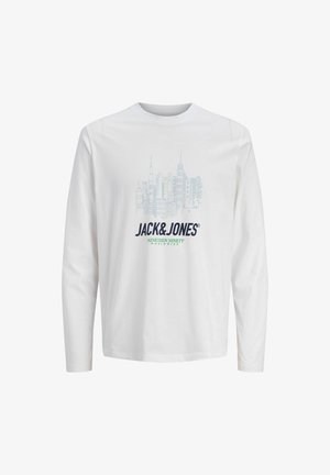 Weißes Langarmhemd mit einem Stadthorizont-Grafik über dem Text "JACK & JONES" und "NINETEEN NINETY WORLDWIDE" auf der Vorderseite.