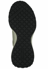 Black rubber shoe sole with a textured diamond pattern, featuring a logo detail. Curved edges and an overall rectangular shape.
