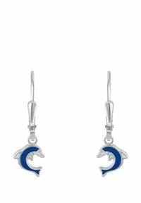 Pendientes de palanca de plata con charms en forma de delfín y acentos de esmalte azul. Textura suave y diseño redondeado.