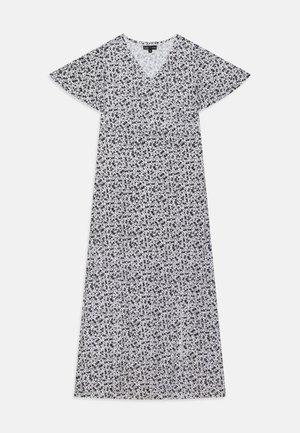 Robe midi blanche avec manches courtes, col en V et imprimé floral noir sur toute la surface.