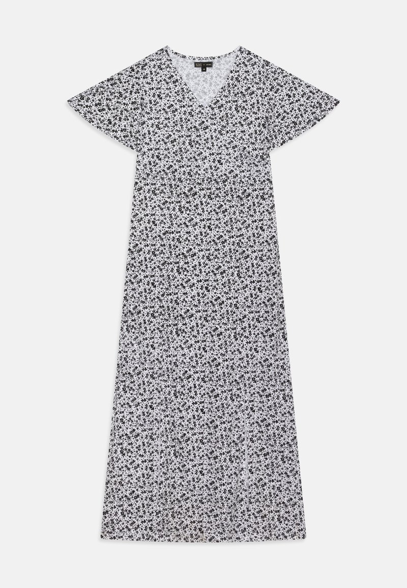 Robe midi blanche avec manches courtes, col en V et imprimé floral noir sur toute la surface.