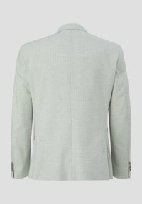 Lichtgroene blazer van een gestructureerde stof. Voorzien van een enkele vent aan de achterkant en knoopmanchetten. Strakke, op maat gemaakte silhouet.