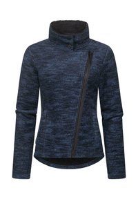 Giacca blu navy con collo alto, tessuto texturizzato, chiusura con zip diagonale e fodera in pile sul collo. Design slim fit.