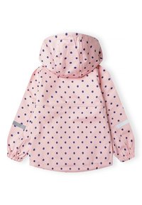 Veste de pluie rose à pois avec capuche, poignets élastiques, accents réfléchissants et poche arrière. Fabriquée en matériau léger et résistant à l'eau.