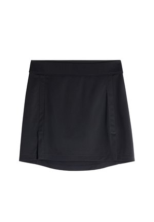 Black athletic skirt made of smooth fabric, featuring a fitted waistband, side pleats, and a slightly curved hem for ease of movement.