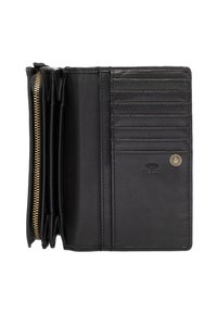Portefeuille en cuir noir avec fermeture éclair dorée, plusieurs emplacements pour cartes, texture lisse et fermeture à bouton-pression. Présente un logo minimaliste à l'intérieur.