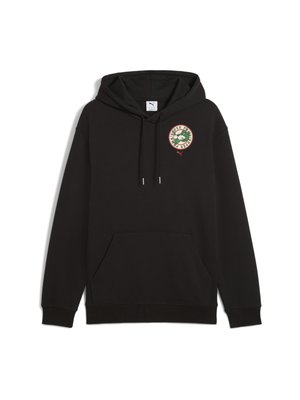 Zwarte hoodie met een kangoeroezak, voorzien van een ronde logo op de borst en een touwtje voor de capuchon. Zacht materiaal, comfortabele pasvorm en geribbelde manchetten.