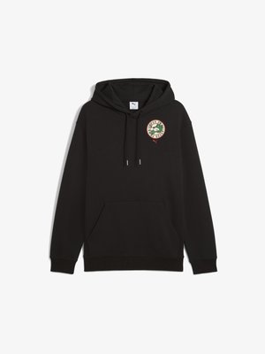 Fekete kapucnis pulóver kenguruzsebbel, a mellkason kerek logóval és húzózsinórral ellátott kapucnival. Puha anyag, kényelmes szabás és bordás mandzsetta.