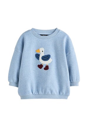 Light blue children's sweater with a white and blue duck applique wearing red boots on the front, ribbed cuffs and hem.