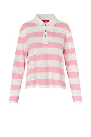 Πολύ μακρυμάνικο πόλο με οριζόντιες ριγέ ροζ και λευκές γραμμές και λευκές λεπτομέρειες από δαντέλα με λουλούδια, με λευκό γιακά και τέσσερα διακοσμητικά κουμπιά.