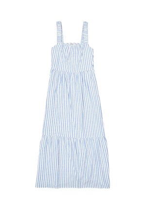 Blau-weiß gestreiftes Kleid mit Schulterträgern, mehrlagigem Rock und geraffter Taille. Hergestellt aus leichtem Stoff mit glatter Textur.