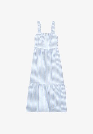 Blauw-wit gestreepte jurk met schouderbanden, gelaagd rokje en gathered taille. Gemaakt van lichtgewicht stof met een gladde textuur.