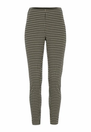 Slim-fit broek met zwart-beige houndstooth patroon, hoge taille en enkel-lange snit.