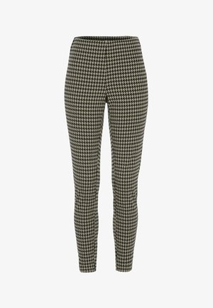 Slim-fit broek met zwart-beige houndstooth patroon, hoge taille en enkel-lange snit.