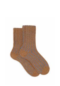 Brown ribbed socks with soft texture, featuring blue stripe detailing and a classic crew length design.