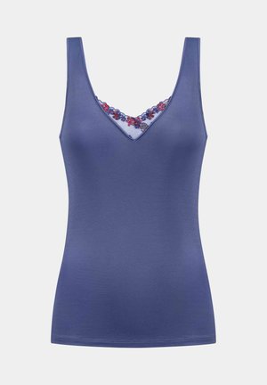 V-neck tank top in a deep blue fabric. Features delicate floral lace trim at the neckline. Soft texture with a fitted silhouette.