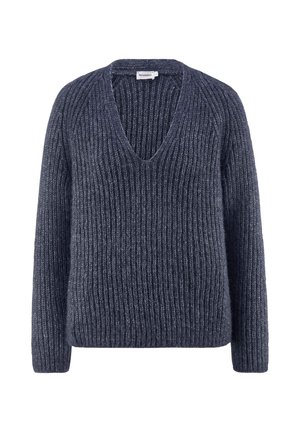 Navy breipullover met een diepe V-hals, geribbelde textuur en een losse pasvorm. Zachte stof met lange raglanmouwen en een rechte zoom.
