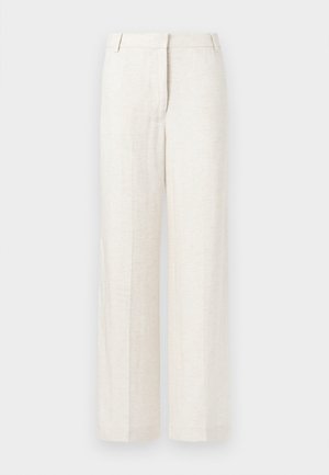 Beige wide-leg trousers in a linen blend, featuring a smooth texture, classic front pleats, and side pockets for added functionality.