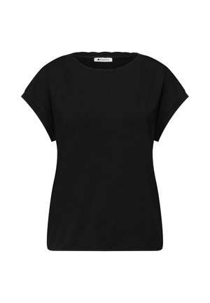 Haut noir pour femme à manches courtes, col rond et poignets subtilement retroussés, présenté sur un fond blanc uni.