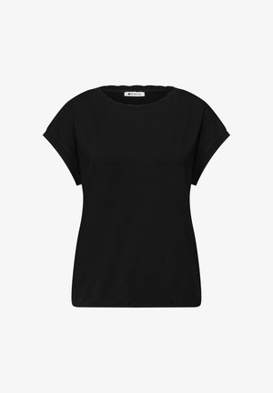 Schwarzes Damenoberteil mit kurzen Ärmeln, rundem Ausschnitt und dezent umgeschlagenen Ärmelenden, auf schlichtem weißem Hintergrund dargestellt.