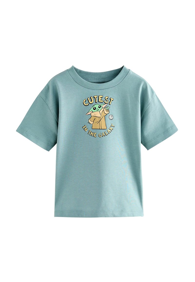 Himmelblaues T-Shirt mit kurzen Ärmeln aus weicher Baumwolle, mit einem grafischen Druck eines Charakters und dem Text "SÜßESTE IM UNIVERSUM."
