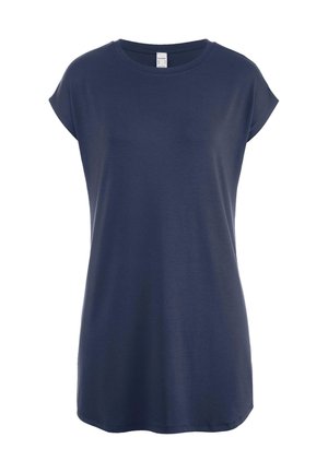 Marineblaue, ärmellose Damen-Tunika mit rundem Ausschnitt und lockerem Schnitt, auf weißem Hintergrund dargestellt.