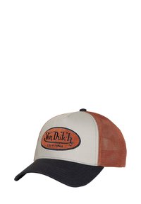 Gorra de béisbol con una parte delantera beige, paneles laterales de malla marrón y un visera negra. Cuenta con un logo bordado en un parche circular.
