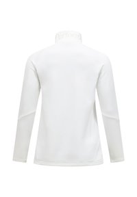 Maglia a maniche lunghe bianca da performance con colletto alto, caratterizzata da un logo discreto sul colletto, una texture liscia e un design snello.