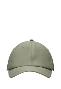 Gorra de béisbol verde claro hecha de tela suave, con seis paneles cosidos, una corona redondeada y un visor curvado.