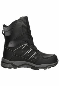 Botas negras impermeables con un caña alta, acabado texturizado, sistema de lazado elástico y acentos grises contrastantes en el lado. Suela de múltiples patrones.