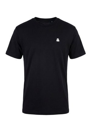 T-shirt nera a maniche corte con collo rotondo e piccolo iconico fantasma sorridente bianco sul petto a sinistra.