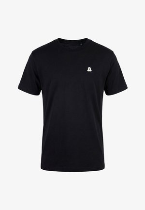 T-shirt noir à manches courtes avec col rond et petite icône blanche d'un fantôme souriant sur le côté gauche de la poitrine.