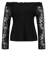 Top nero scollato sulle spalle con scollatura arricciata, maniche lunghe con dettagli in pizzo floreale intricato e un corpo liscio e aderente.