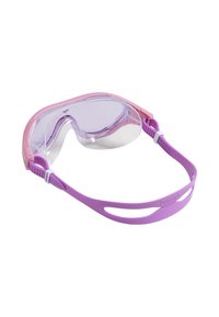 Zwemgoggles met een roze en paarse siliconen rand, heldere lenzen, een verstelbare band en een gestructureerde zijkant voor betere grip.