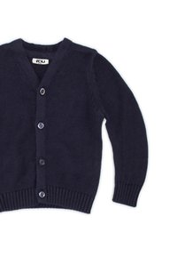 Cardigan blu navy lavorato a maglia con scollo a V, cinque bottoni, polsini e orlo a coste; presenta un motivo testurizzato sul corpo.