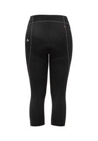 Fekete háromnegyedes leggings rugalmas anyagból. Jellemzői közé tartozik a lapos varrat, a kör alakú párnázott rész és egy kis logó díszítés.
