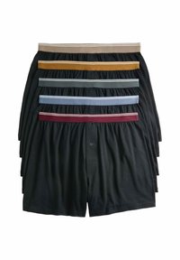Pantaloni boxer neri disposti a strati, con cinturini elasticizzati a contrasto in tonalità beige, senape, verde, blu e bordeaux, dotati di dettaglio a bottone.