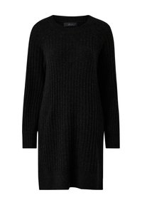 Zwarte geribde longsleeve trui met een ronde halslijn en een ontspannen pasvorm. Gebreide textuur met subtiele variaties in draaddikte.