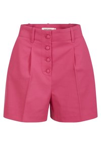 Shorts roses en tissu tissé, avec une taille haute, des plis et cinq boutons à l'avant. Texture lisse avec une coupe ajustée.
