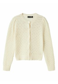 Cardigan a maglia di colore crema con motivo a diamante testurizzato, polsini e orlo a coste, scollatura rotonda e chiusura frontale con bottoni. Tessuto morbido.